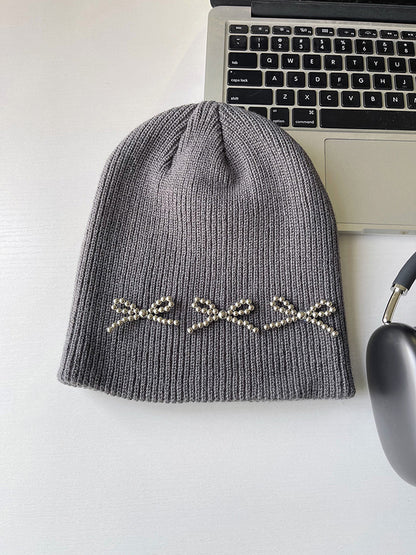 Fashion Beads String Bow Woolen Cap Women