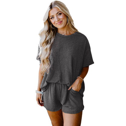 Solid Color Short-sleeved Top And Shorts Two-piece Set