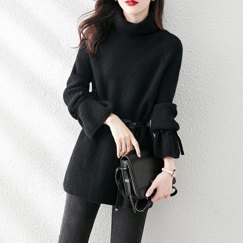 Fashion Design Sense Loose High Collar Lace-up Women's Mid-length Waist Slimming Sweater