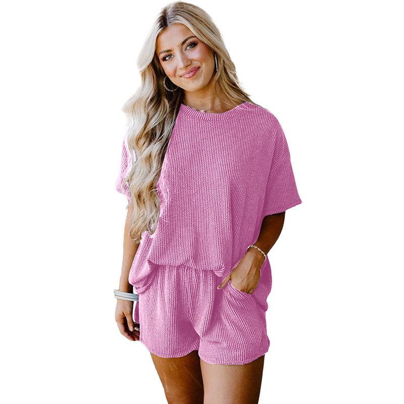 Solid Color Short-sleeved Top And Shorts Two-piece Set