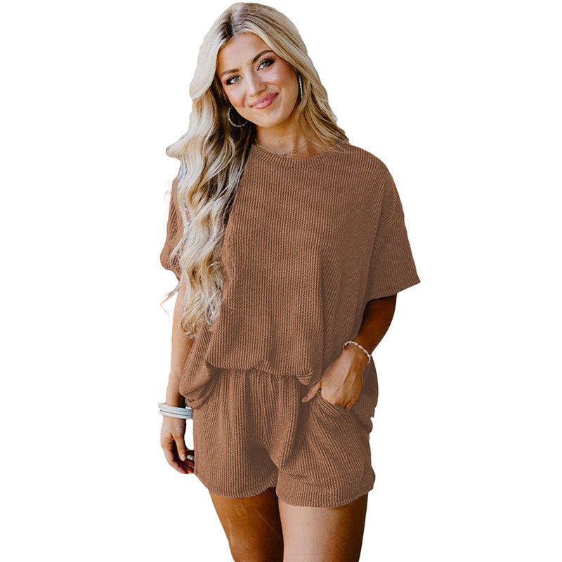 Solid Color Short-sleeved Top And Shorts Two-piece Set