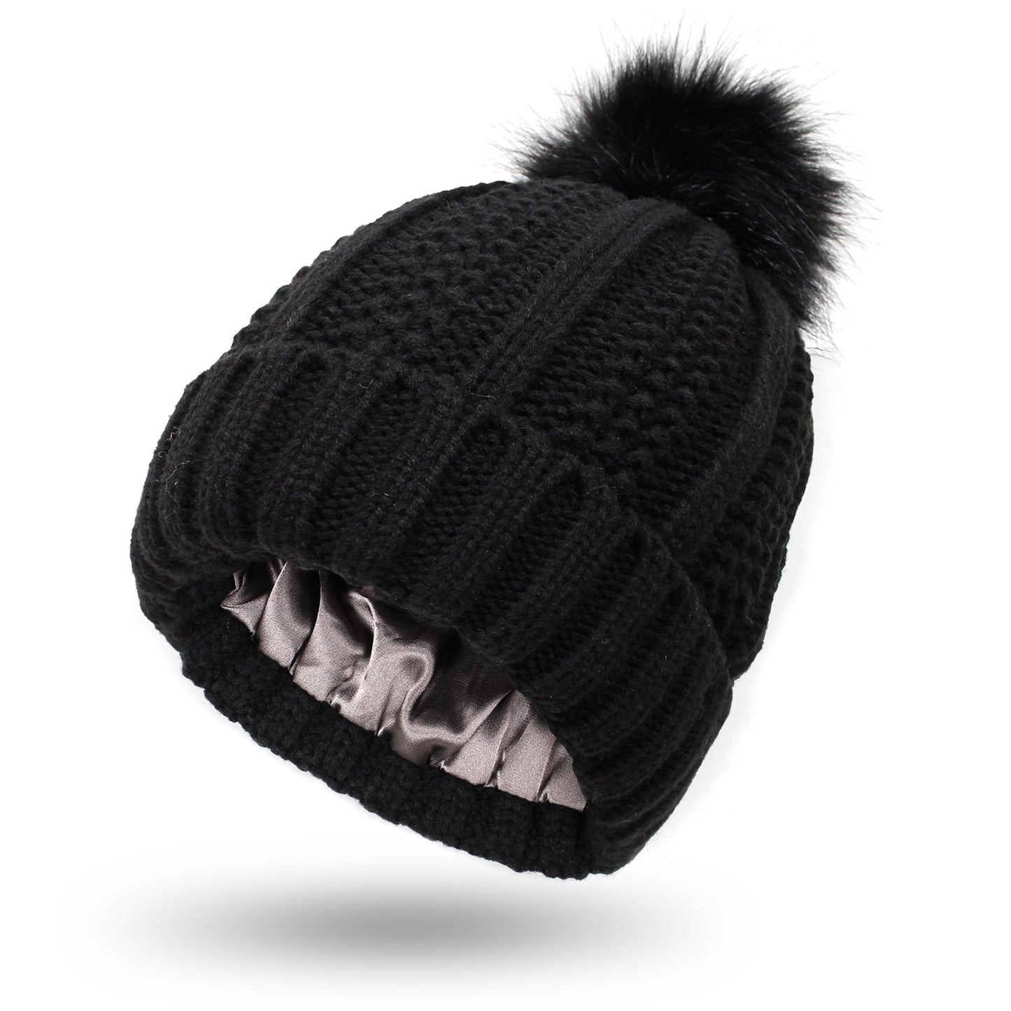 Fashion Stretchy Satin Lined Skull Knit Hats Beanie Hat For Women Faux Fur Pom Pom Hat Winter Keep Warming Beanie Hat