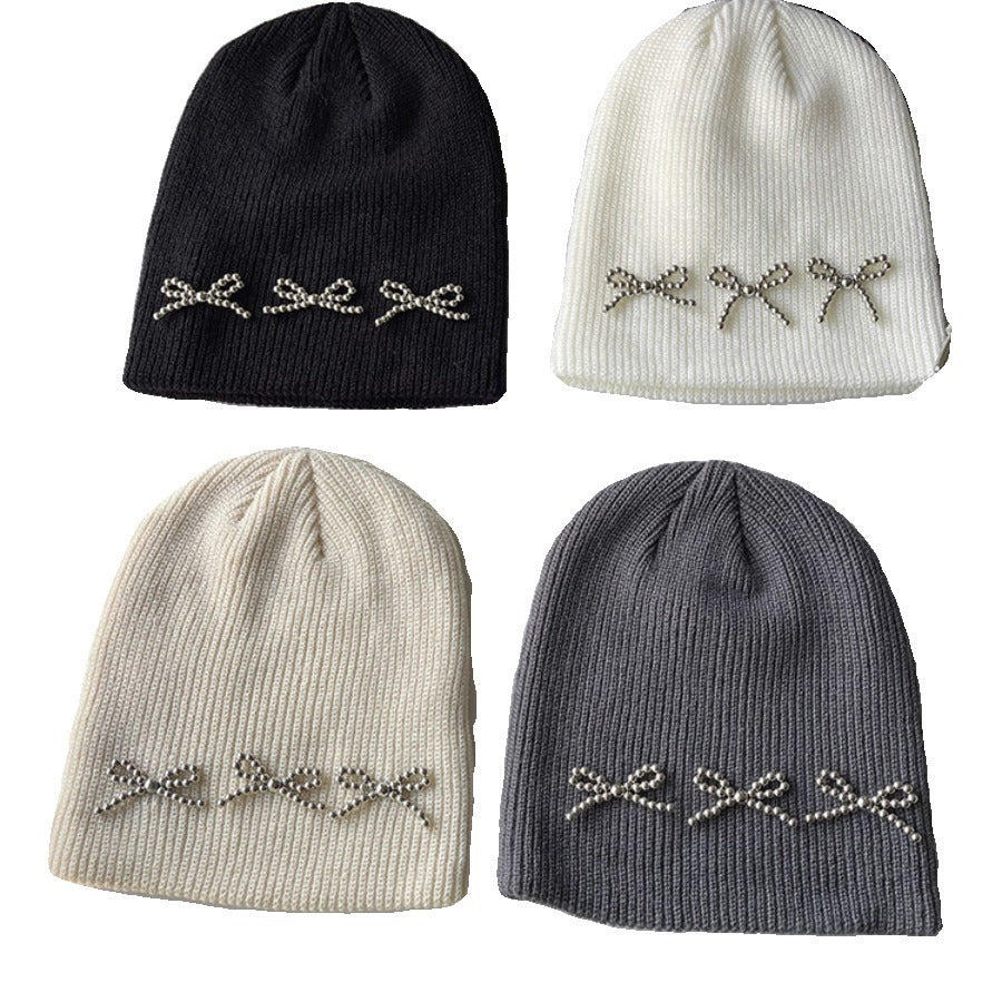 Fashion Beads String Bow Woolen Cap Women